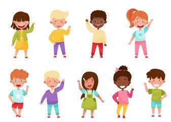 Wall Mural - Smiling Boy and Girl Characters Greeting Waving Hand and Saying Hi Vector Illustration Set