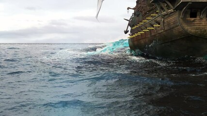 Poster - A medieval frigate sailing on a boundless blue sea. Concept of sea adventures in the middle ages.