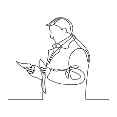 Wall Mural - Man with money in continuous line art drawing style. Middle-aged man holding cash in hands while counting or paying for something. Minimalist black linear sketch isolated on white background