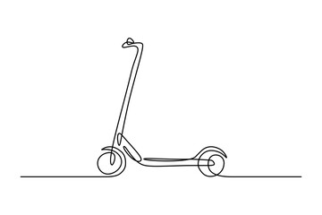 Scooter in continuous line art drawing style. Stand-up scooter for short distance transportation minimalist black linear sketch isolated on white background. Vector illustration