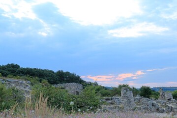  Pobiti Kamani (stone desert), a phenomenon located on the North-Western border of the Varna region in Bulgaria at sunset