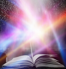 Poster - Imagine a picture book of an ancient book opened on a wooden table with a sparkling golden background. With magical power, magic, lightning around a glowing glowing book In the room of darkness