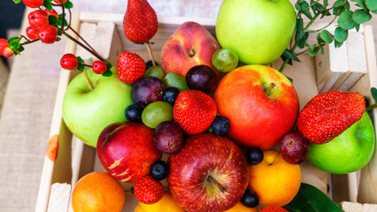 Canvas Print - Close-up view of large collection fresh fruits useful for health. Harvesting concept. Fresh background.