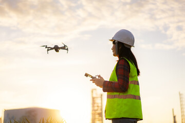 Wall Mural - Asian woman engineer operate flying drone over oil refinery plant during sunrise building site survey in civil engineering project.