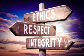 Canvas Print - Ethics, respect, integrity - wooden signpost, roadsign with three arrows