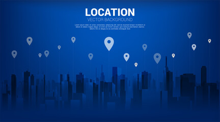 Poster - GPS pin marker with city background. concept of location and facility place , GPS technology