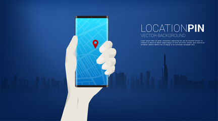 Aufkleber - GPS pin marker and mobile phone in hand with city background. concept of location and facility place , GPS technology