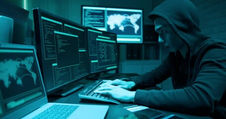 Asian male hacker use computer