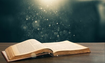 Wall Mural - open book on old wooden table