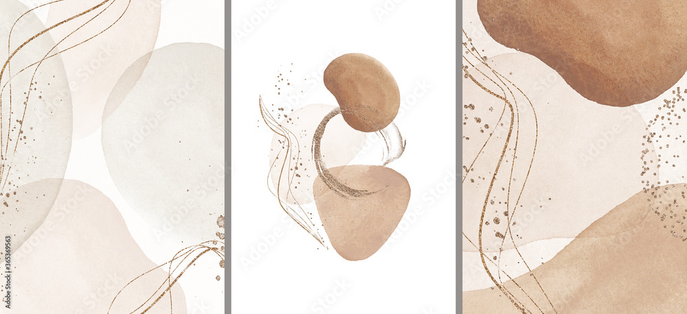 Abstract Arrangements. Posters. Terracotta, blush, pink, ivory, beige watercolor Illustration and gold elements, on white background. Modern print set. Logo. Wall art. Business card. - obrazy, fototapety, plakaty 