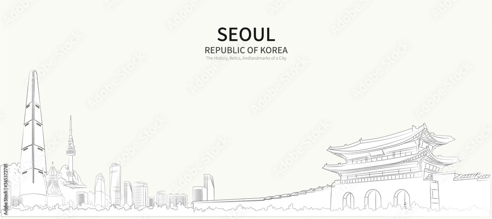 Seoul cityscape line vector. sketch style south korea landmark illustration  - obrazy, fototapety, plakaty 