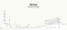 Seoul Cityscape Line Vector. Sketch Style South Korea Landmark Illustration 