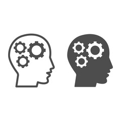 Poster - gears in head line and solid icon, idea and innovation concept, human mind and three cogs sign on wh