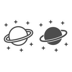 Poster - Planet Saturn line and solid icon, space concept, Planet and stars sign on white background, Saturn with planetary ring system icon in outline style for mobile concept and web design. Vector graphics.