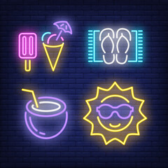 Wall Mural - Ice-cream, flip flops, cocktail and sun neon signs set. Tourism, summer and vacation design elements. Night bright neon sign, colorful billboard, light banner. illustration in neon style.