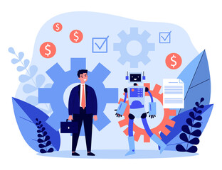 Poster - Businessman discussing contract with robot. Bot, ai, partnership flat vector illustration. Robotics, artificial intelligence, business concept for banner, website design or landing web page