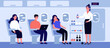 © Bro Vector - Passengers in air trip waiting for beverage flat illustration. Business class travelers sitting near airplane window. People travelling by plane. Airline, tourism and journey concept