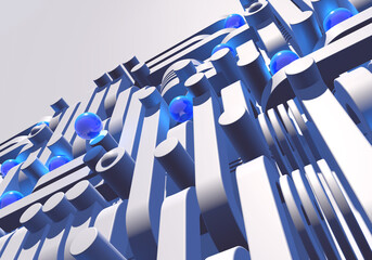 Poster - White industrial or technology abstraction with shiny blue balls and connection pipes. 3D illustration