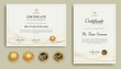 © Sarawes - Blue and gold diploma certificate with line art and badges A4 template. For award, business, and education