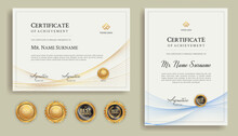 Blue And Gold Diploma Certificate With Line Art And Badges A4 Template. For Award, Business, And Education