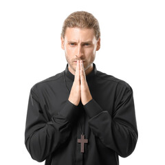 Wall Mural - Praying priest on white background