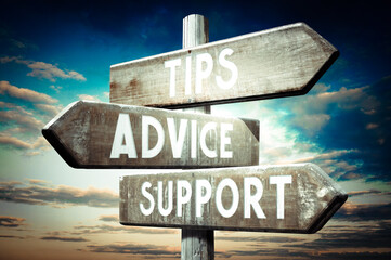 Wall Mural - Tips, advice, support - wooden signpost, roadsign with three arrows