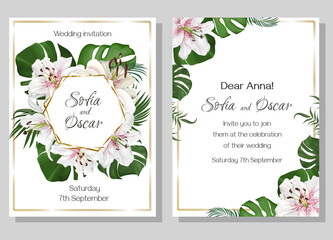 Wall Mural - Floral design for a wedding invitation. Tropical plants and flowers, palm leaves, monstera, white with pink lilies, polygonal golden frame.