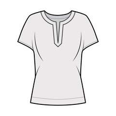 Sticker - Blouse technical fashion illustration with split neckline, relaxed silhouette, wide short cap sleeves. Flat apparel shirt template front, grey color. Women men unisex top CAD mockup