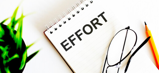 Poster - Notebook with glasses and pencil on white background, business concept EFFORT