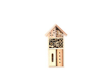 Object, Nature Wooden Insects Hotel On White Background Isolated And Clipping Path With Space For Text. Handmade Idea For Decor In Garden.