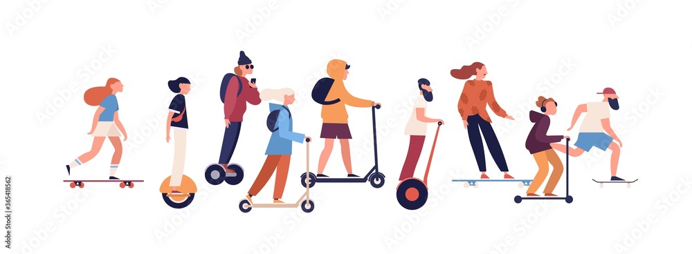 Group of modern people riding on personal vehicle and electric transport devices vector flat illustration. Man and woman taking part at competition on self balancing transporter isolated on white - obrazy, fototapety, plakaty 