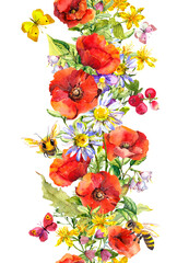 Wall Mural - Floral seamless border stripe with bright flower, butterflies, honey bees. Watercolor strip - meadow grass, red poppies, summer chamomile