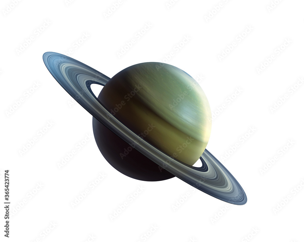 Saturn planet in the universe. Planet with rings is called saturn. Milky way in the background. 3D rendering. Isolated on white background. - obrazy, fototapety, plakaty 