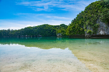 Wall Mural - Calm Ocean, Shallow water, Lagoon, Green hills and Beach view of Omekang Island, Rock Island Southern Lagoon, Palau, Pacific, UNESC world heritage site