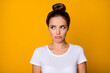 Portrait of frustrated upset girl have scandal with boyfriend cry look copyspace want her sweetheart apologise wear millennial style clothes isolated over vivid color background