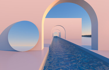 Poster - Abstract scene with geometrical forms, arch with swimming pool in natural day light. minimal 3d landscape background. 