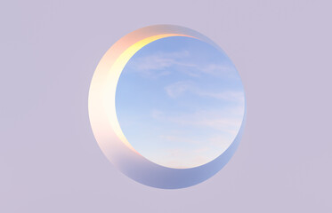 Winter scene with geometrical circle frame. sky view. 3D render background.