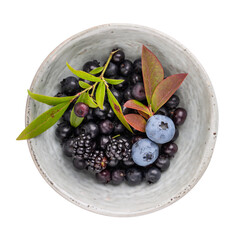 Wall Mural - Bilberries and blueberries in gray ceramic bowl isolated on white. Top view.