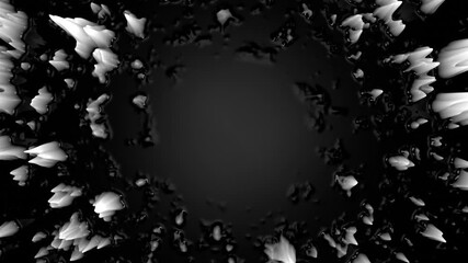 Poster - Black and white abstract divergent circle of ferrofluid effect with copy space. Black animated background with white peaks. Top view black and white 3D animation. 4K seamless loop.