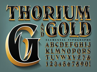 Wall Mural - Thorium and Gold is an Ornate Elegant Alphabet with Flame-like Cutouts, 3d Effects and Metallic Gold Edges.