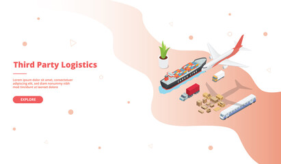 Third party logistics transportation service ship truck plane train campaign for web website home homepage landing template banner with isometric cartoon style.