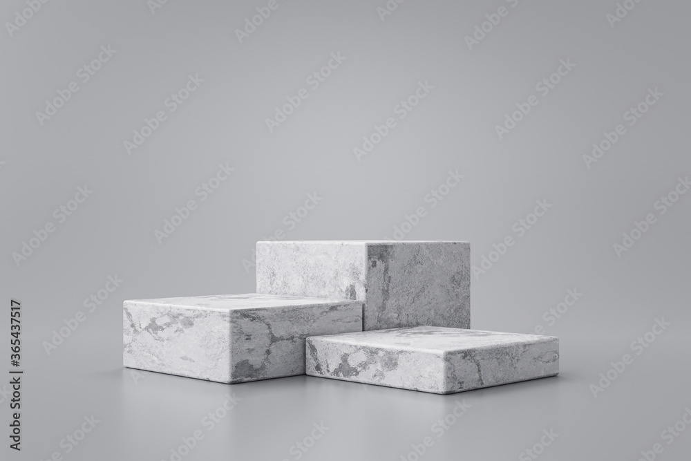 Three step of white marble product display on gray background with modern backdrops studio. Empty pedestal or podium platform. 3D Rendering.