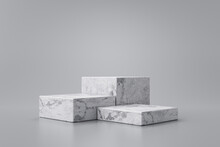 Three Step Of White Marble Product Display On Gray Background With Modern Backdrops Studio. Empty Pedestal Or Podium Platform. 3D Rendering.