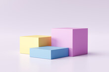 Three Step Of Pastel Color Product Display On Modern Background With Blank Showcase For Showing. Empty Pedestal Or Podium Platform. 3D Rendering.