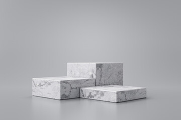 Poster - Three step of white marble product display on gray background with modern backdrops studio. Empty pedestal or podium platform. 3D Rendering.