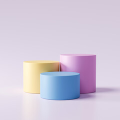 Poster - Three step of pastel color product display on modern background with blank showcase for showing. Empty pedestal or podium platform. 3D Rendering.