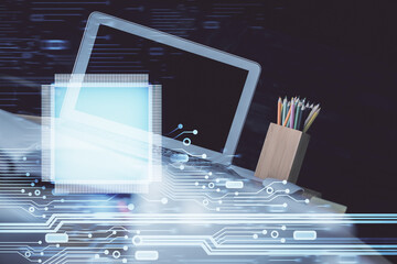 double exposure of desktop computer and technology theme hologram. concept of software development.