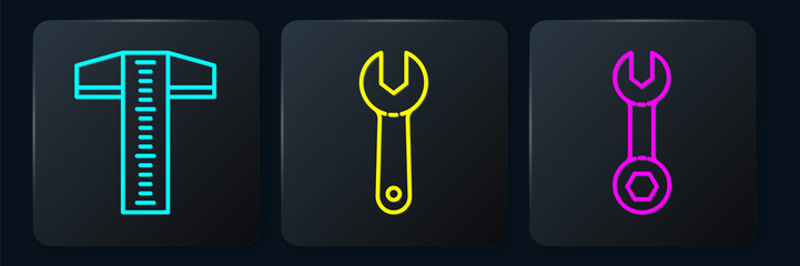 Set line T-square line, Wrench spanner and Wrench spanner. Black square button. Vector.