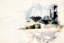 Close-up Of Two Glasses With Red Wine On Table In Watercolors