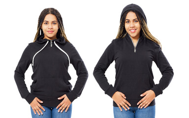 Wall Mural - Woman in black hoodie hoody set front view, hoody mockup isolated on white background. Girl puts on a hood